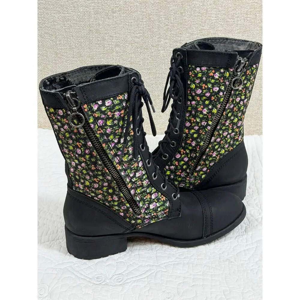 Denim Supply RL Women 8 Black Floral Print Side Zip Lace Up Torie Granny Boots